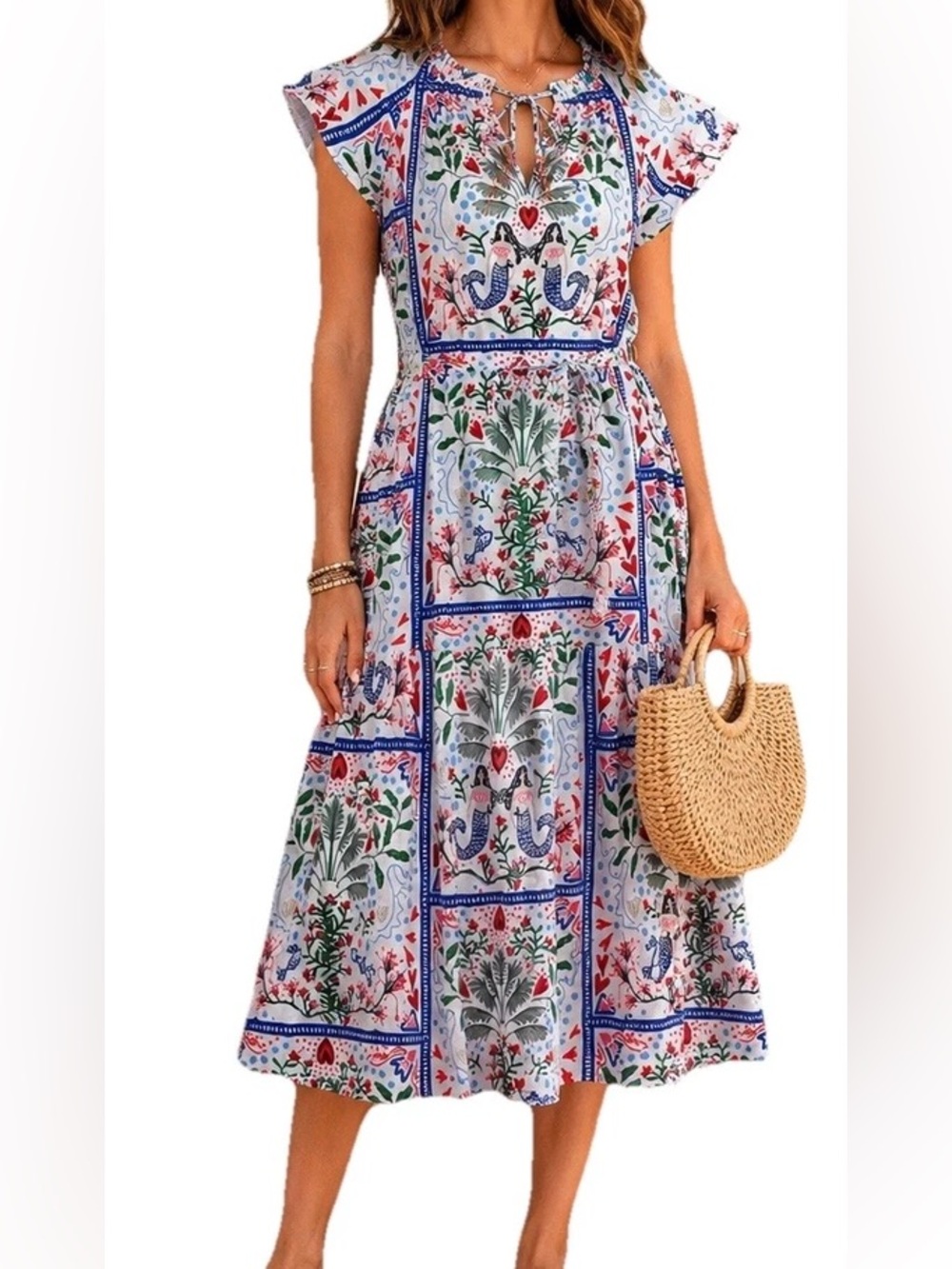 LOFT White Midi Dress with Blue, Red & Green Folk Print